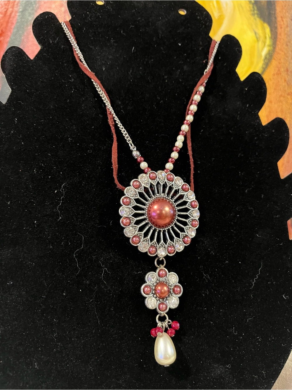 1946 signed Pink Pearl Sunburst Drop Necklace — Feminine Pendant Accent